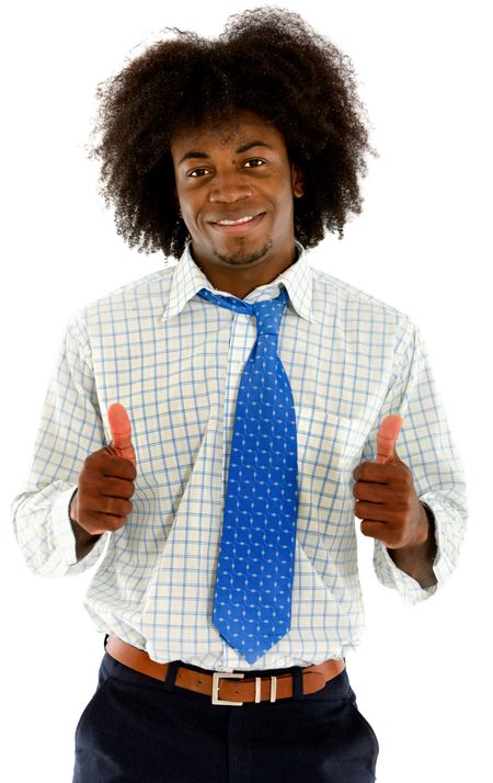 casual man with thumbs up isolated over a white background