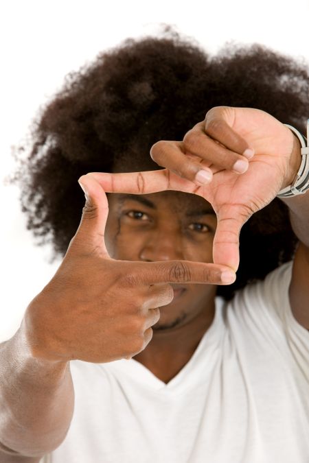 man framing her face with her hands isolated on a white background