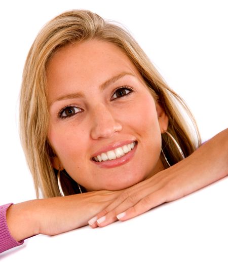 beauty woman portrait smiling leaning on a table