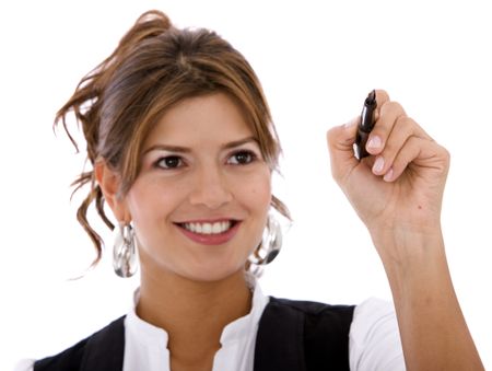 Businesswoman holding a pen to write something - isolated