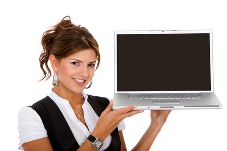 Young business woman with a laptop - isolated on white