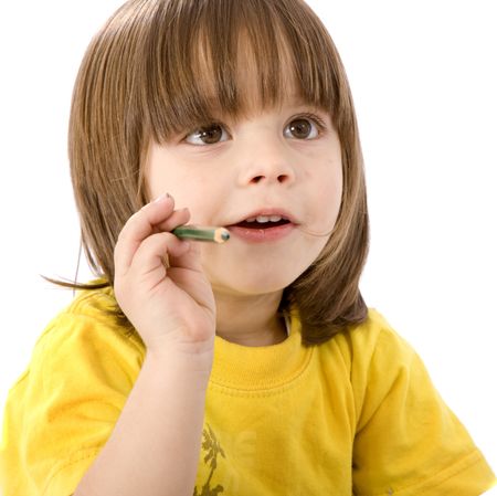 Children with a colour pencil isolated over white