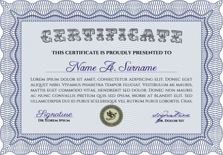 Certificate or diploma template. Elegant design. With guilloche pattern. Border, frame.