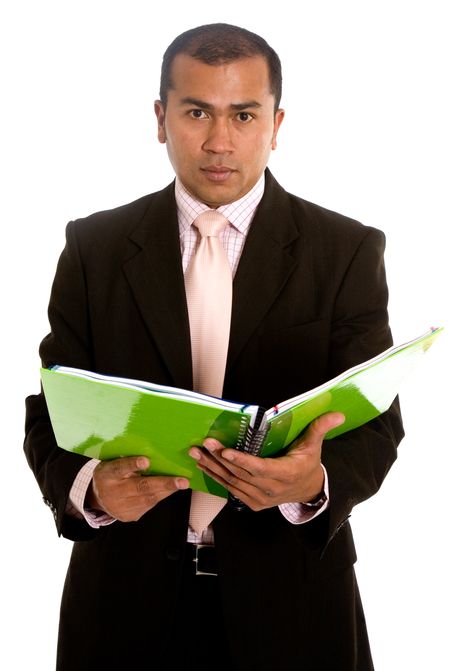 Latin American business man with a green notebook over a white background