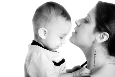 baby and his mum - mothercare in black and white