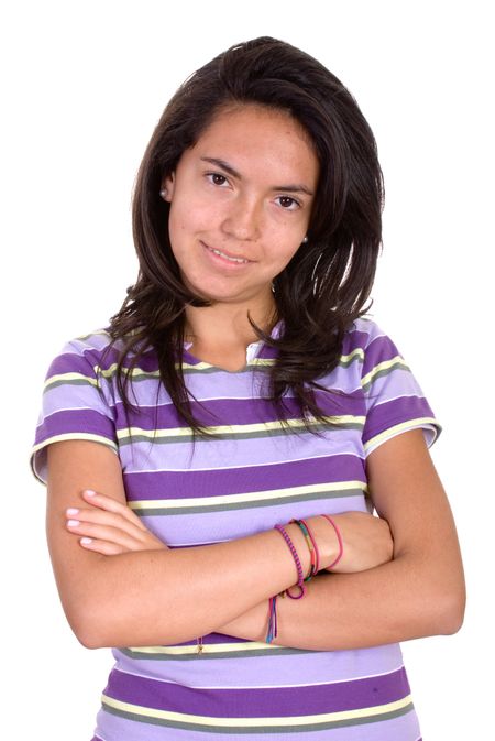 casual girl with arms crossed over a white background