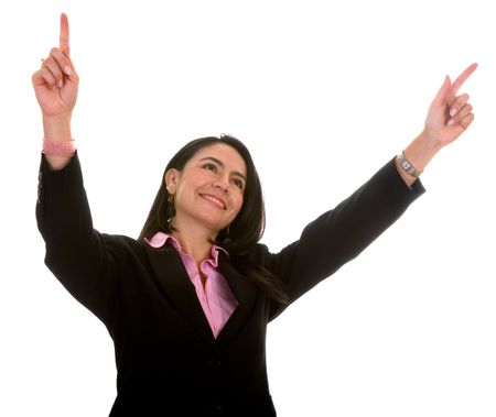 successful business woman with arms up over a white background