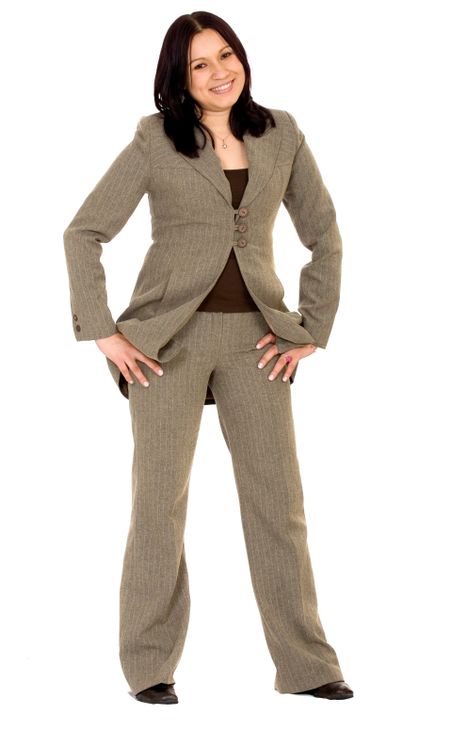 confident business woman in a brown suit standing confident over a white background