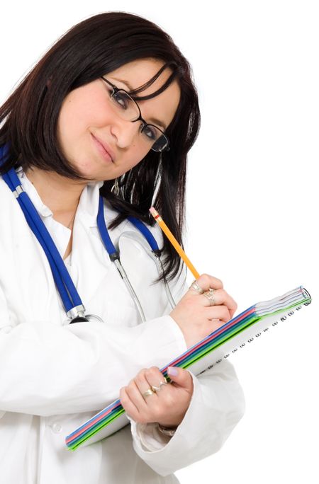 female doctor writing a prescription over a white background