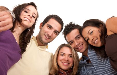 Low view of a group of happy people isolated on a white background