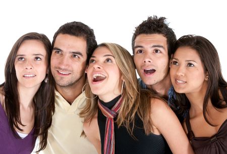 Casual group of surprised friends isolated over white