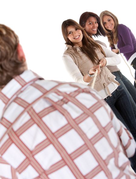 group-friends-competing-pulling-rope-isolated-31635082 Group of friends competing pulling a rope isolated on white