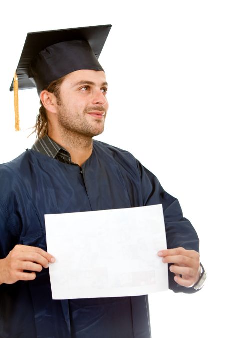 Graduation student with a diploma isolated over white