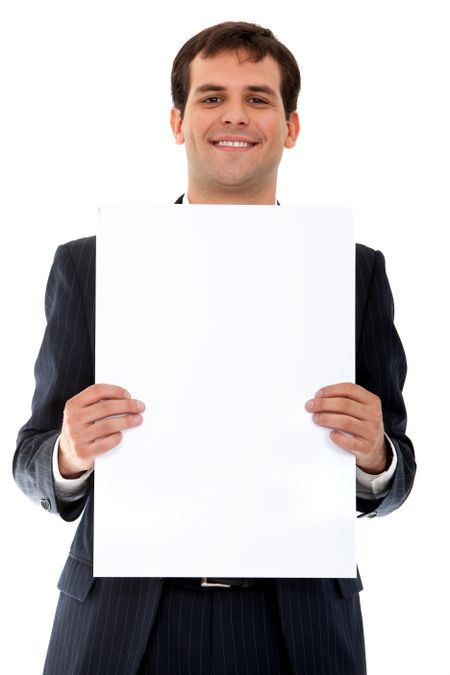 business man displaying a banner ad isolated over a white background