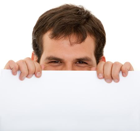 man holding a banner ad showing only  his eyes isolated