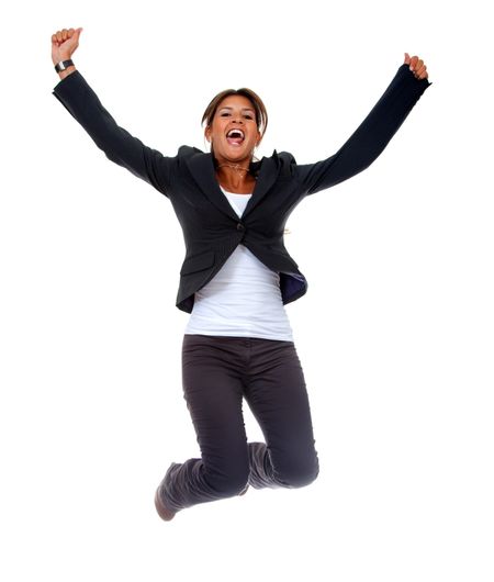 business woman jumping of success isolated over white