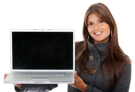 Young business woman with a laptop - isolated on white