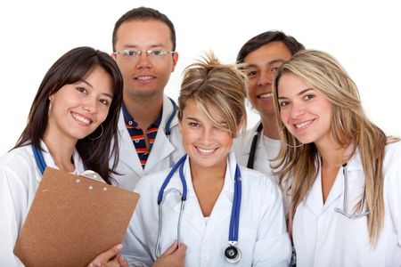 group of doctors standing isolated over a white background