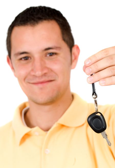 man with car keys over a white background