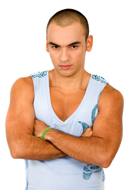 casual muscular man portrait wearing a blue tshirt over a white background