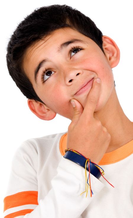 pensive boy portrait over a white background