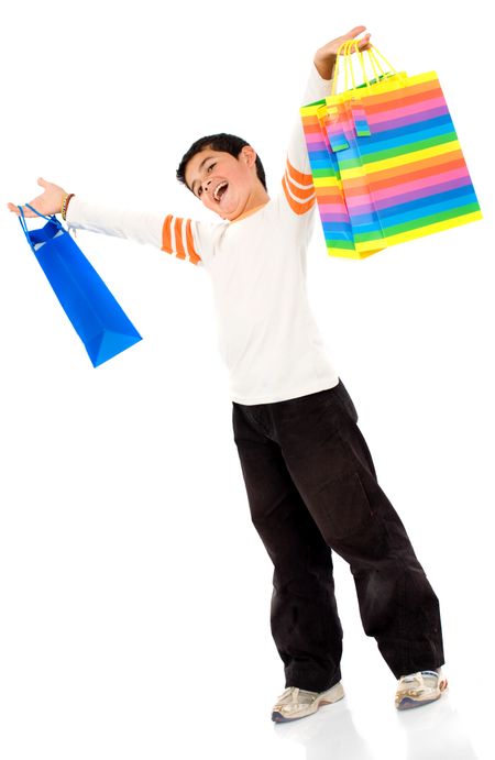 boy with shopping bags over a white background