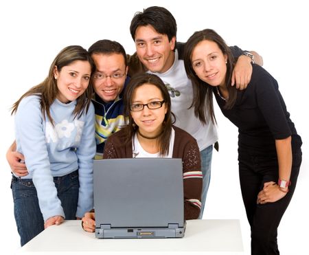 group of students on a laptop computer over a white background