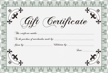 Retro Gift Certificate template. Border, frame.With guilloche pattern and background. Nice design. 