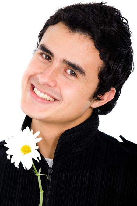 man in love holding a daisy flower in his hands
