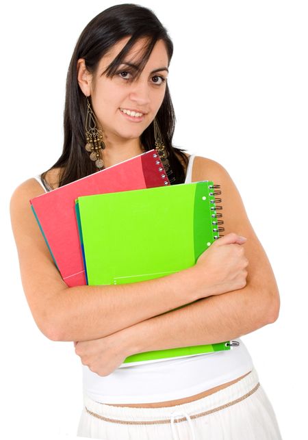 female student holding notebooks over a white background