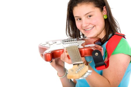 girl holding an electric guitar over a white background