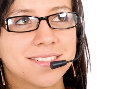 customer service girl wearing glasses looking away over a white background