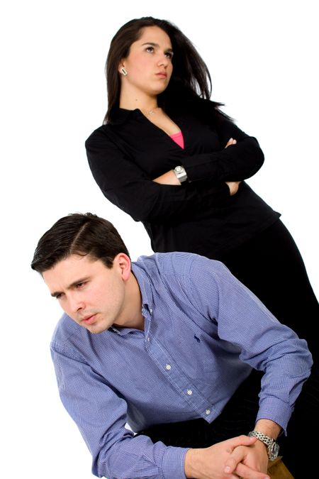 couple in an argument over a white background