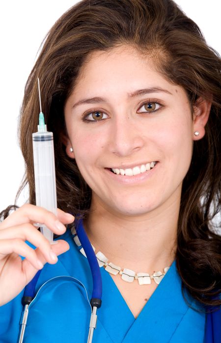 female nurse with a syringe over a white background