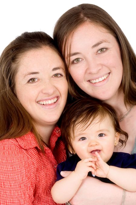 Beautiful sisters very happy with the daughter of one of them over a white background