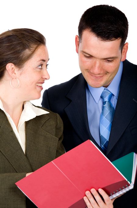 Business partners discussing work at the office over a white background