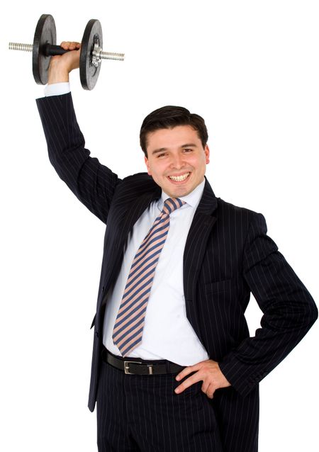 business man lifting weights easily with a big smile over a white background