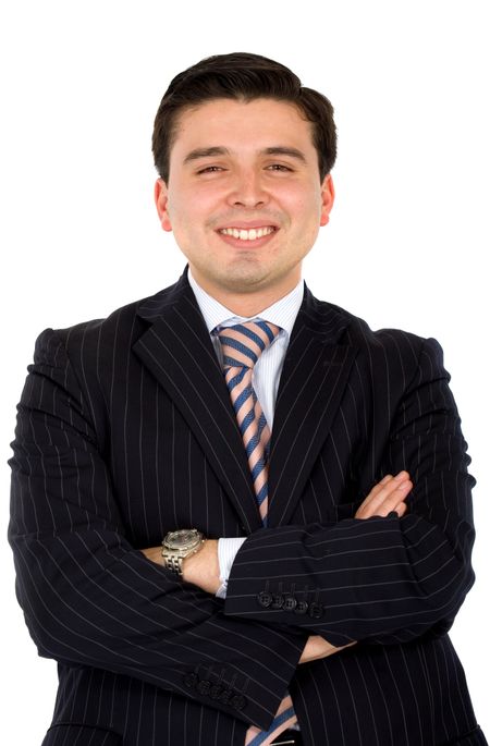 friendly business man smiling over a white background