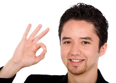 young man doing the ok sign over a white background