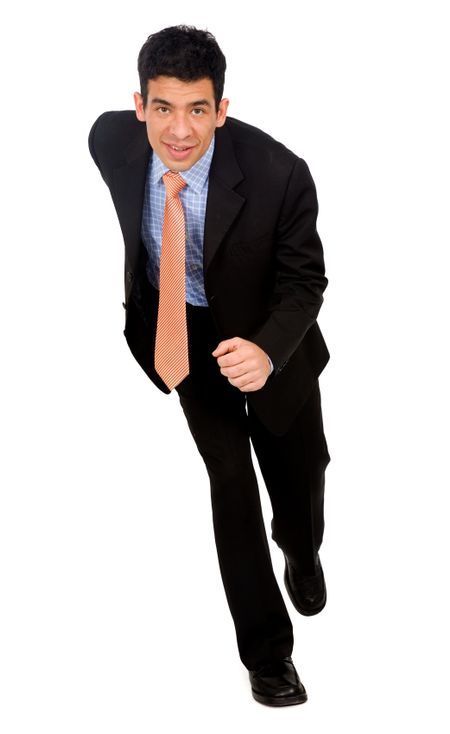 business man running towards the camera over a white background