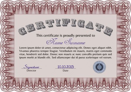 Certificate or diploma template. With quality background. Vector certificate template.Cordial design. 