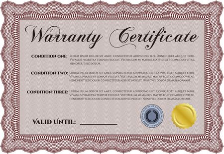 Warranty Certificate template. Easy to print. Perfect style. Complex border. 