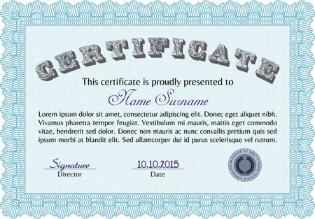 Diploma or certificate template. Elegant design. With guilloche pattern and background. Vector pattern that is used in currency and diplomas.