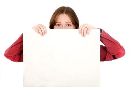 casual girl holding white board over a white background