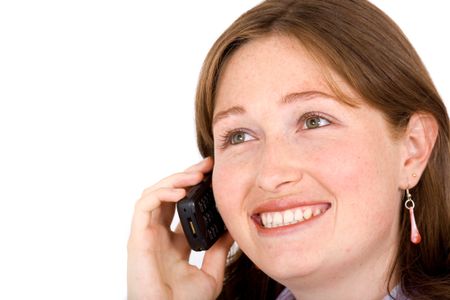 business woman smiling on the phone over a white background
