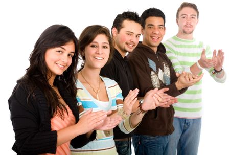 group of casual young people smiling and applauding over a white background