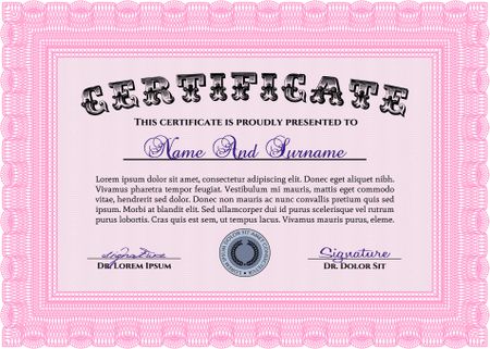 Sample Certificate. Diploma of completion.Elegant design. With guilloche pattern and background. 