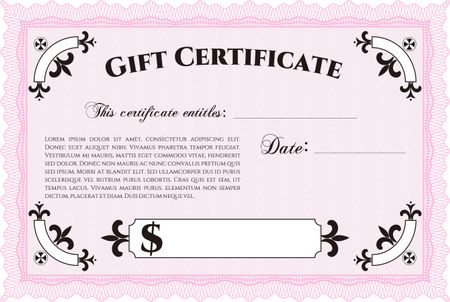 Vector Gift Certificate template. Border, frame.Cordial design. With background. 