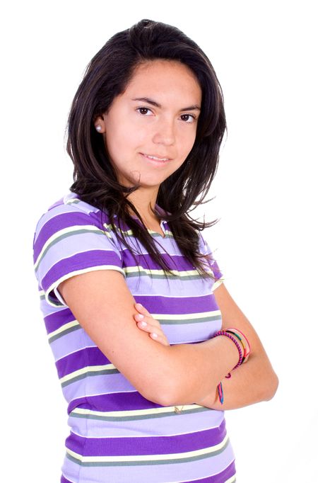 beautiful young girl in purple over a white background