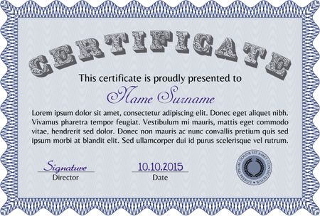 Diploma template or certificate template. Excellent design. With guilloche pattern. Border, frame.